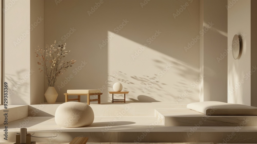 A modern minimalist decoration setup with geometric shapes, neutral colors, and subtle lighting. A modern minimalist decoration setup with geometric shapes, neutral colors, and subtle lighting.