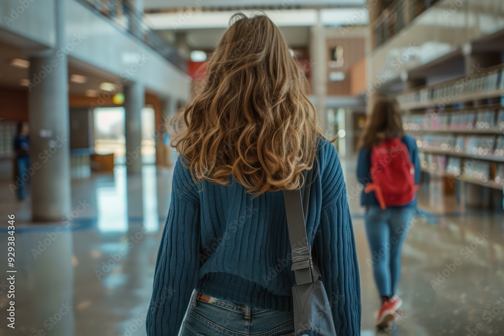 Girl with wavy brown hair, blue sweater, jeans, walking in school hall, backpack, student in red ahead Girl with wavy brown hair, blue sweater, jeans, walking in school hall, backpack, student in red ahead