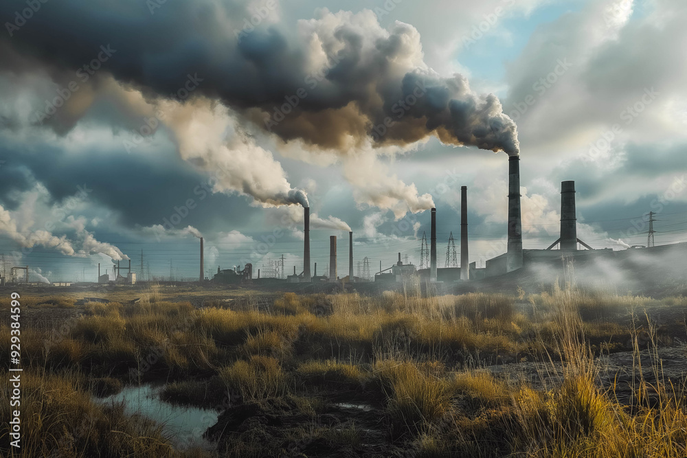 Ruined landscape with massive smoke coming out from chimneys in background. Air pollution and poisonous environment Ruined landscape with massive smoke coming out from chimneys in background. Air pollution and poisonous environment