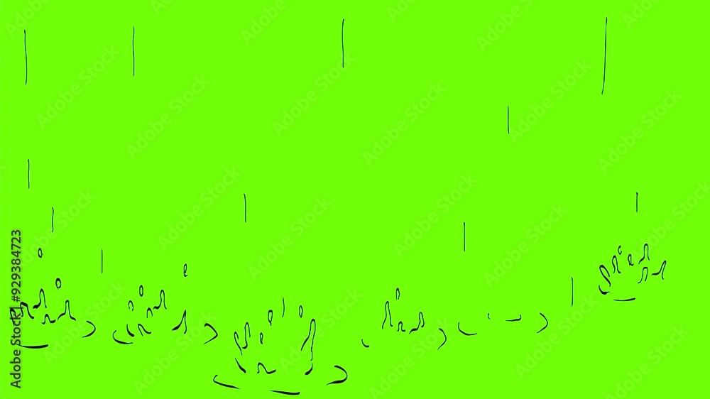 2D Animation motion graphics showing a drawing of a droplet of rain or raindrop falling into pond of water on white screen, green screen and black background in 4k ultra-high-definition.