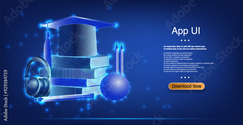 Blue digital interface showcasing educational elements with books, headphones, and a pencil