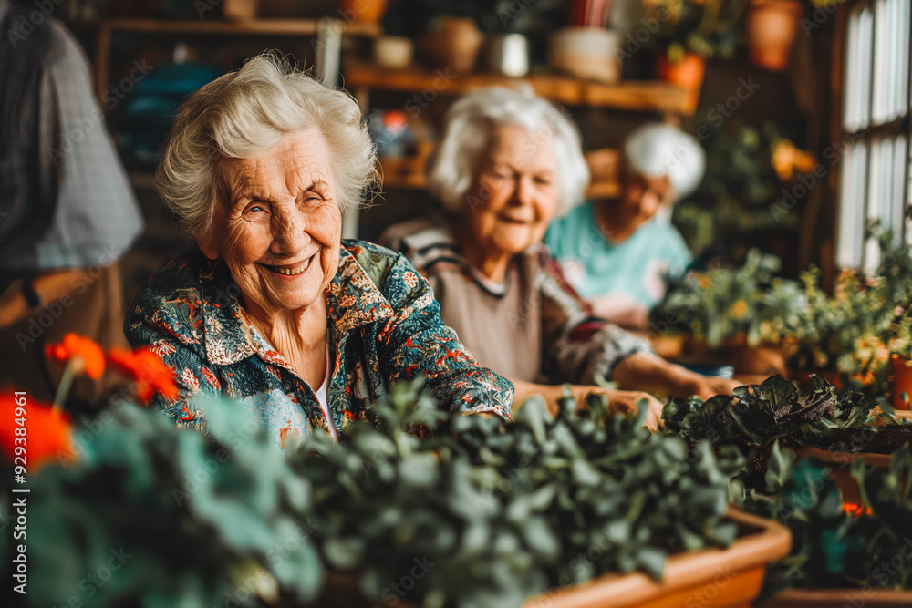 Smiling pensioners are enjoying looking after the potted plants Smiling pensioners are enjoying looking after the potted plants