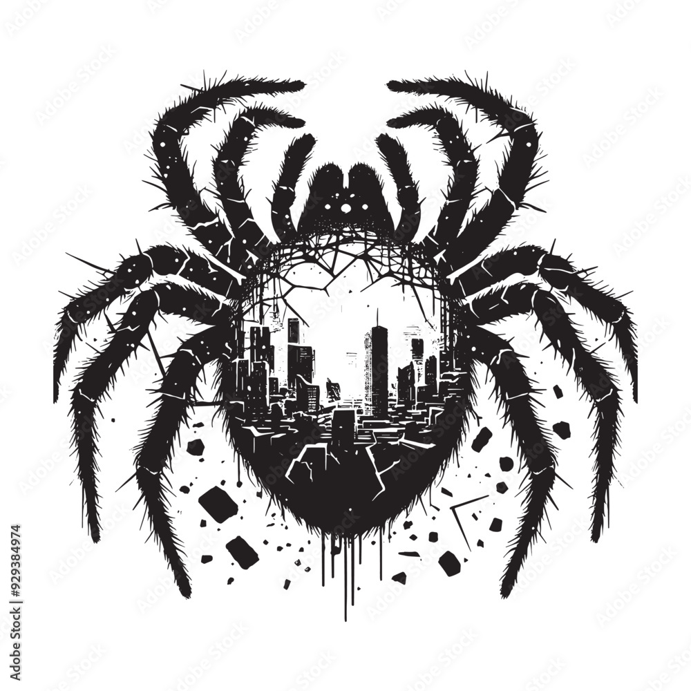 silhouette of Spider, filled with destroyed futuristic dystopia environment in rough drawing, animal, silhouette of Spider, filled with destroyed futuristic dystopia environment in rough drawing, animal,