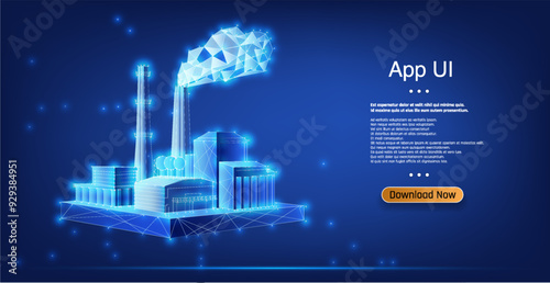 Digital illustration of a factory with a futuristic user interface design on a blue background