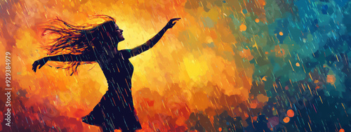 Silhouette of a woman dancing joyfully in the rain against a vibrant, multicolored abstract background.
