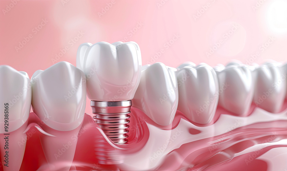 Detailed Illustration of a Dental Implant in Jaw with Natural Teeth on Pink Background Detailed Illustration of a Dental Implant in Jaw with Natural Teeth on Pink Background