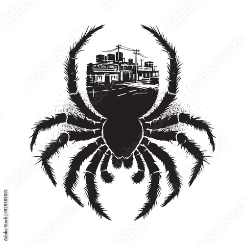 silhouette of Spider, filled with ghetto street in rough drawing, animal,