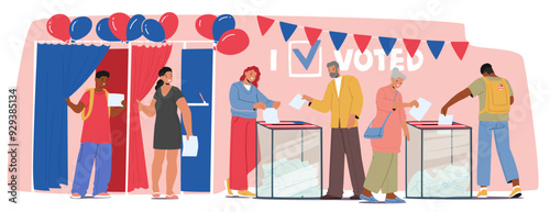 Cartoon People Casting Their Votes At A Polling Station. Image Captures The Democratic Process, Voter Engagement