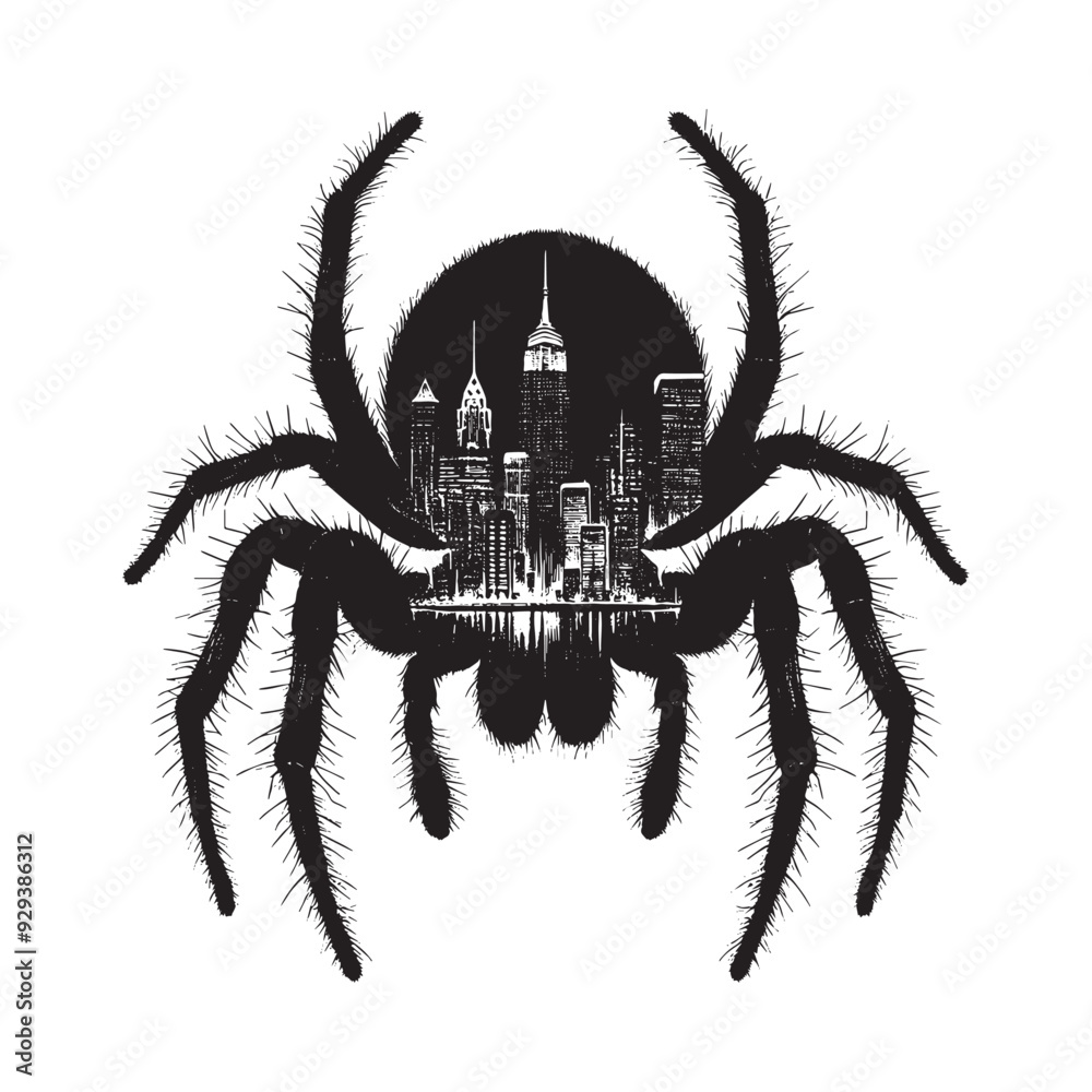 silhouette of Spider front, filled with cityline in rough drawing, animal, silhouette of Spider front, filled with cityline in rough drawing, animal,