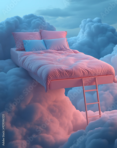 Dreamlike Bed Floating Among Soft Clouds with Ladder photo