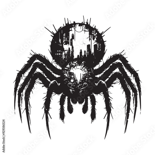 silhouette of Spider front, filled with destroyed futuristic dystopia environment in rough drawing, animal,