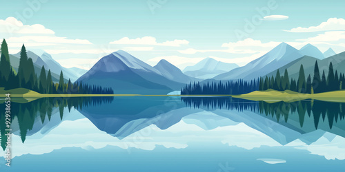 Illustration of a serene lake with reflections of surrounding mountains and forests, flat illustration