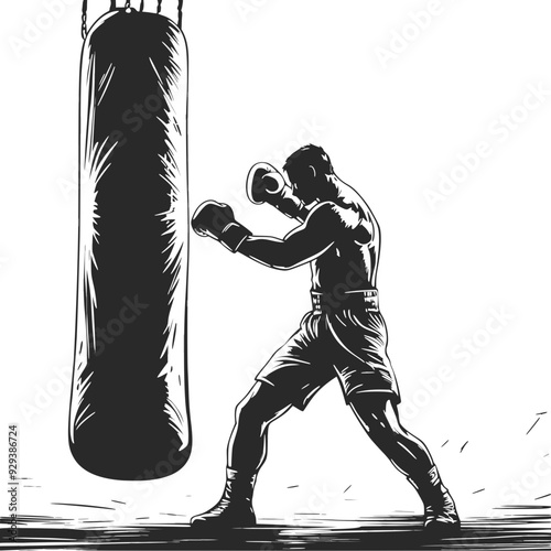 A focused boxer trains intensely with a heavy bag, delivering powerful punches, demonstrating strength, discipline, and athletic dedication in a rigorous boxing workout routine.