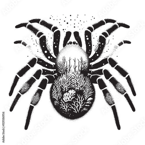 silhouette of Spider front, filled with underwater view with coral in rough drawing, animal,