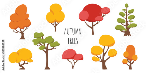 Set of minimalistic autumn trees. Collection of different trees in autumn colors in flat style. Autumn vector illustration on white isolated background. Hand-drawn style. Clipart.