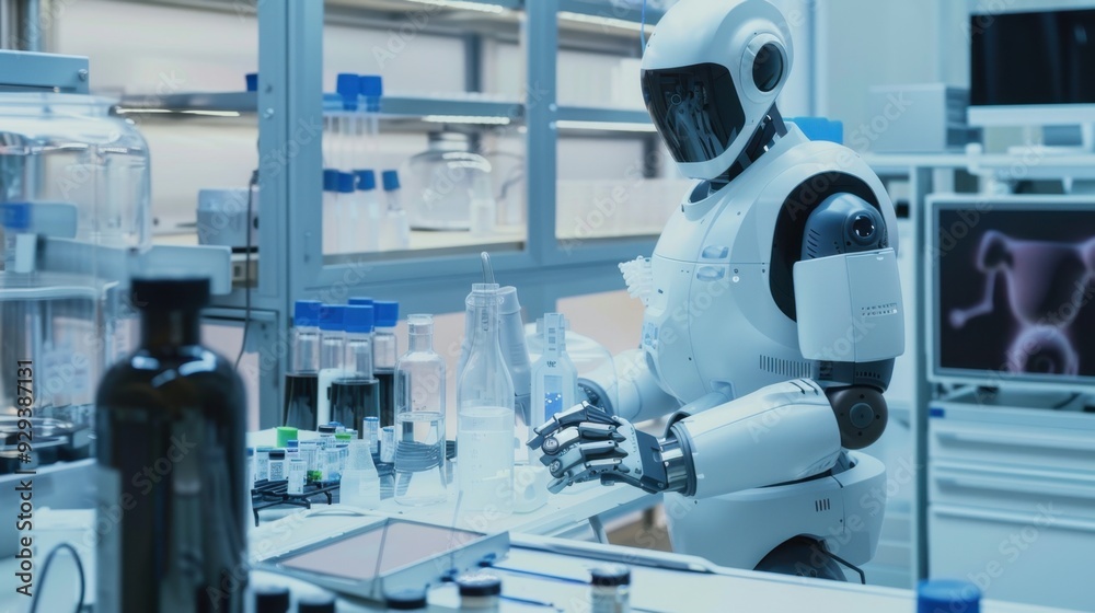 Fototapeta premium Advanced AI robotics performing delicate tasks with precision in a research laboratory.