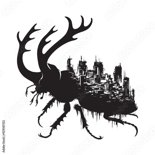 silhouette of stag beetle, filled with destroyed futuristic dystopia environment in rough drawing, animal,