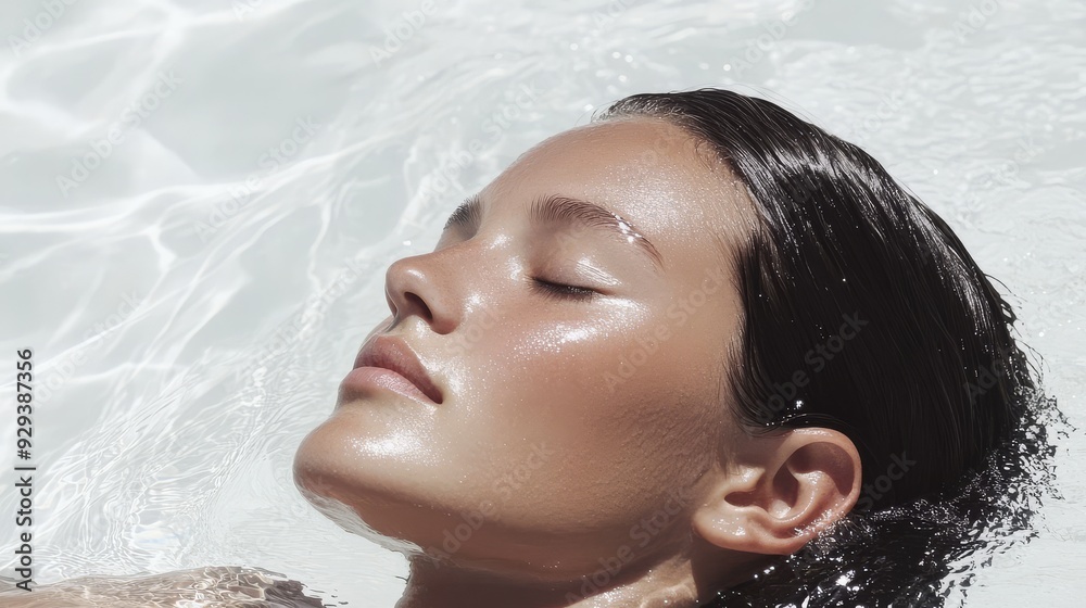 Naklejka premium A young woman relaxes peacefully, floating gracefully in shimmering water