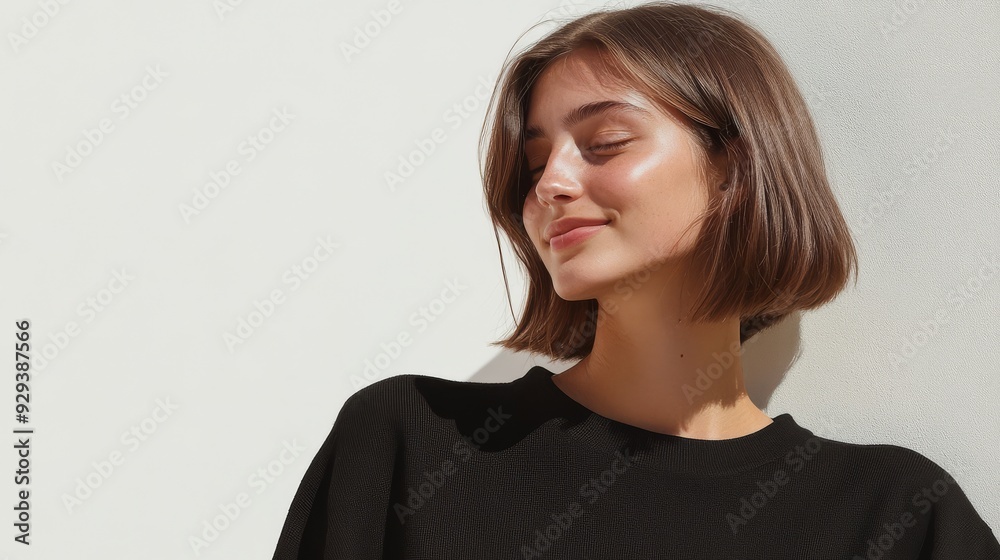 Lovely woman smiles warmly, basking in the warmth of sunny daylight Lovely woman smiles warmly, basking in the warmth of sunny daylight