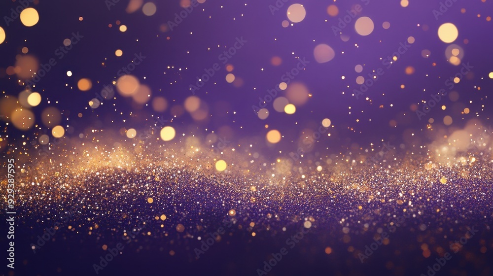 Fototapeta premium A shimmering purple background with golden bokeh lights creating a magical atmosphere.