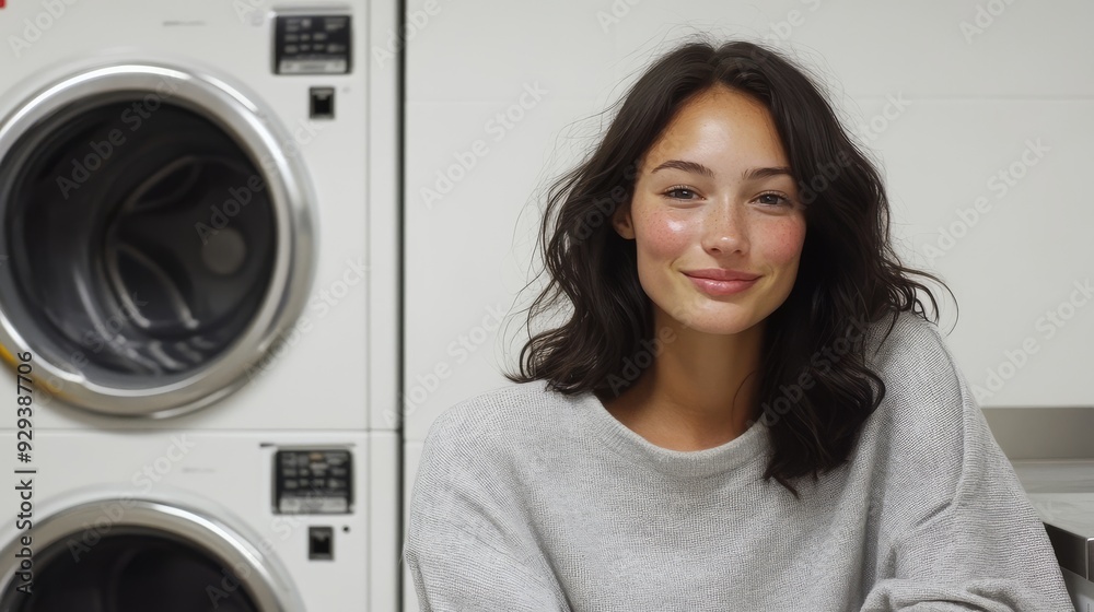 A relaxed woman smiles while sitting in a busy laundromat A relaxed woman smiles while sitting in a busy laundromat