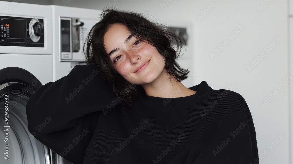 A cheerful young woman relaxes in her laundry space with a radiant smile A cheerful young woman relaxes in her laundry space with a radiant smile