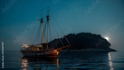 Sailng boat anchored at small island photo