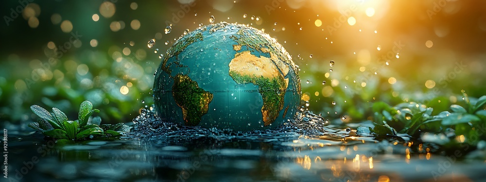 Water droplets form the shape of continents on a globe, copy sapce, emphasizing the interconnectedness of water resources worldwide, Global water awareness concept design Water droplets form the shape of continents on a globe, copy sapce, emphasizing the interconnectedness of water resources worldwide, Global water awareness concept design
