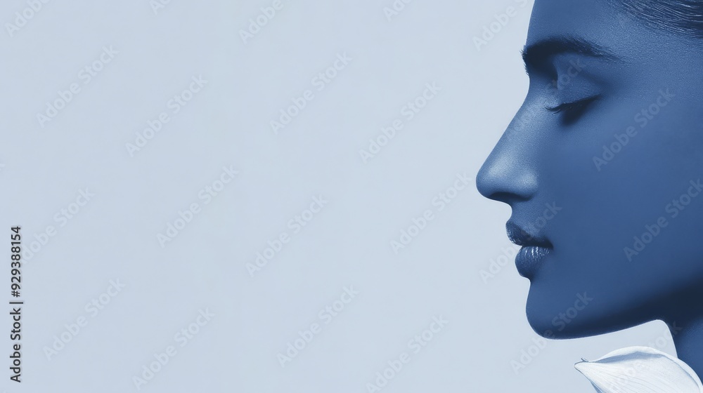 The woman calmly gazes to the side, her blue-toned skin radiating tranquility