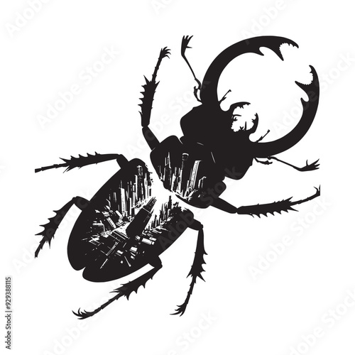 silhouette of stag beetle flying, filled with destroyed futuristic dystopia environment in rough drawing, animal,