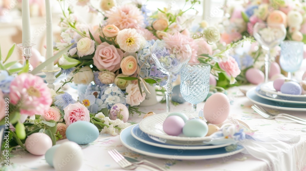 An Easter brunch decoration setup with floral centerpieces, pastel table settings, and decorated eggs.