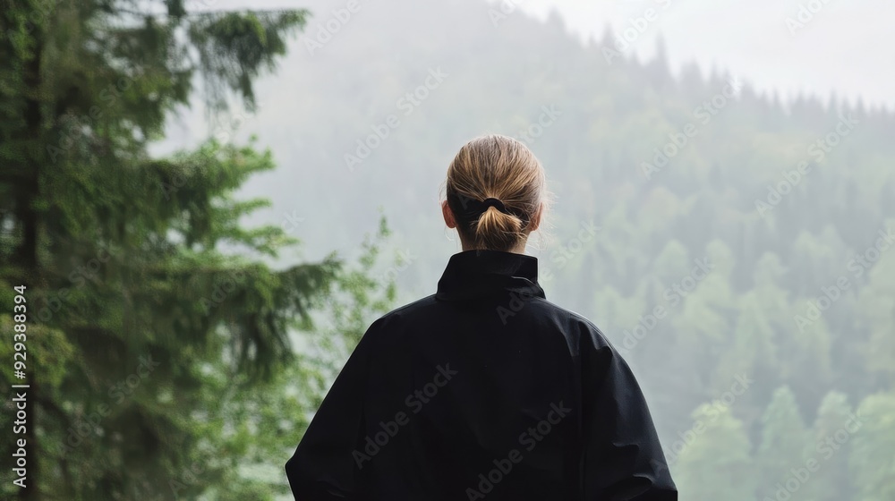 Contemplative moment amidst lush greenery and misty mountain backdrop Contemplative moment amidst lush greenery and misty mountain backdrop