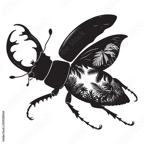 silhouette of stag beetle flying, filled with tropical plant in the jungle in rough drawing, animal,