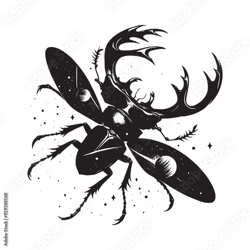 silhouette of stag beetle flying, filled with space and sci-fi element in rough drawing, animal,