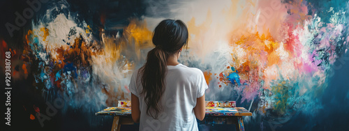 A female artist with long, dark hair immersed in creating a vibrant abstract painting, standing at her easel in a studio with colorful paint splashes on the wall.