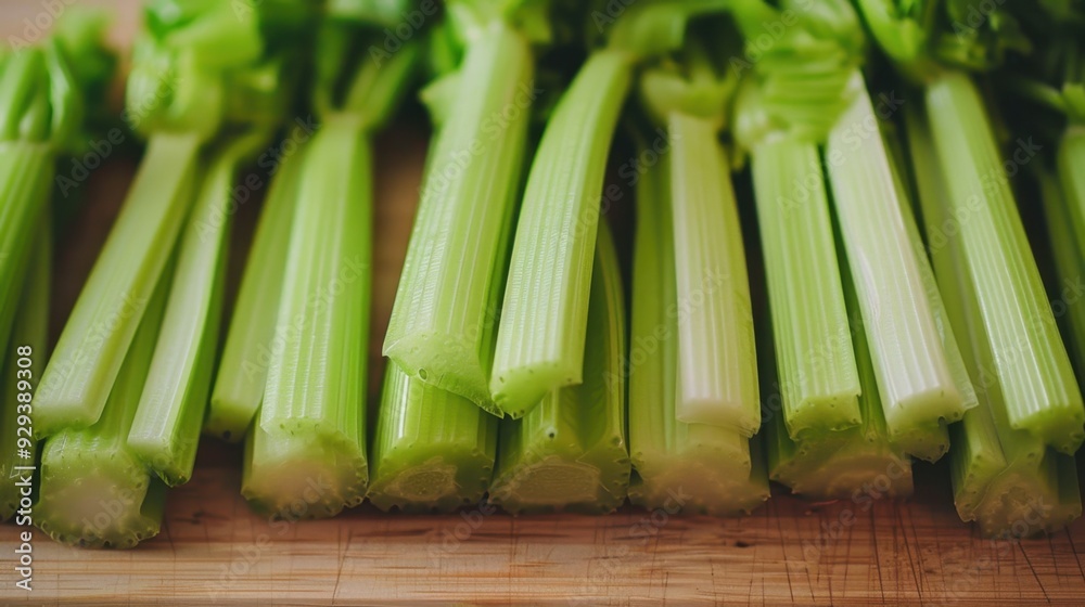 Close-up of green celery stalks arranged neatly on a cutting board, highlighting healthy ingredients. Close-up of green celery stalks arranged neatly on a cutting board, highlighting healthy ingredients.