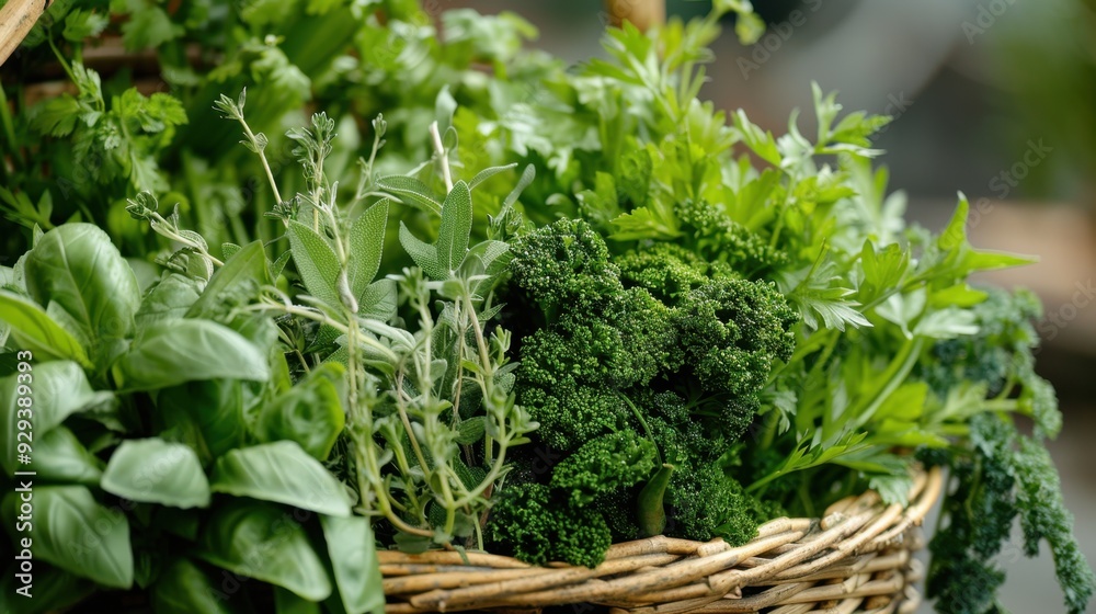 Close-up of green herbs and vegetables in a basket, showcasing fresh and natural produce. Close-up of green herbs and vegetables in a basket, showcasing fresh and natural produce.