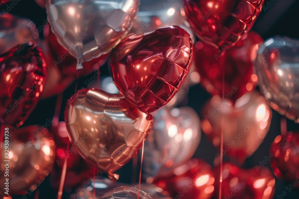 A bunch of red and silver heart shaped balloons, ideal for parties, celebrations, or romantic events A bunch of red and silver heart shaped balloons, ideal for parties, celebrations, or romantic events