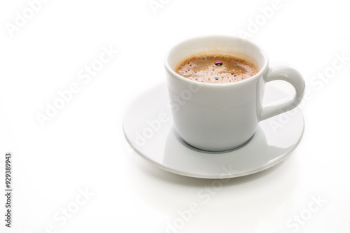 High angle view of coffee cup on white background