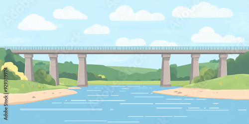 Illustration of a bridge crossing a river with key structural elements shown, flat illustration photo