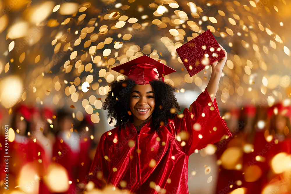 A jubilant graduate joyfully raises her cap in celebration amidst a vibrant and festive atmosphere, ideal for capturing graduationthemed visuals and memories A jubilant graduate joyfully raises her cap in celebration amidst a vibrant and festive atmosphere, ideal for capturing graduationthemed visuals and memories