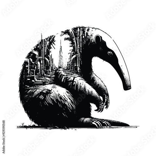 Anteater silhouette, filled with destroyed futuristic dystopia environment in rough drawing,