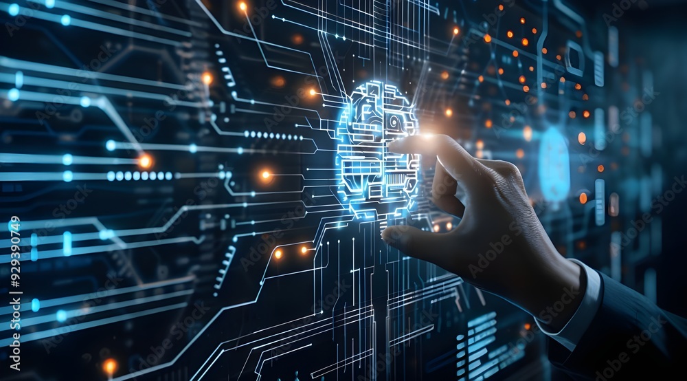 Artificial Intelligence technology with businessman touching digital brain made of circuit board. Artificial Intelligence technology with businessman touching digital brain made of circuit board.
