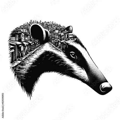 Anteater silhouette, filled with ghetto street in rough drawing,
