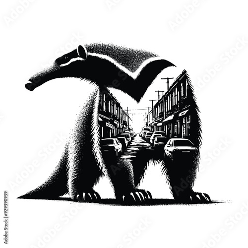 Anteater silhouette, filled with ghetto street in rough drawing,