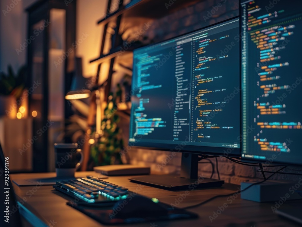 A computer desk with a monitor displaying code. AI. A computer desk with a monitor displaying code. AI.
