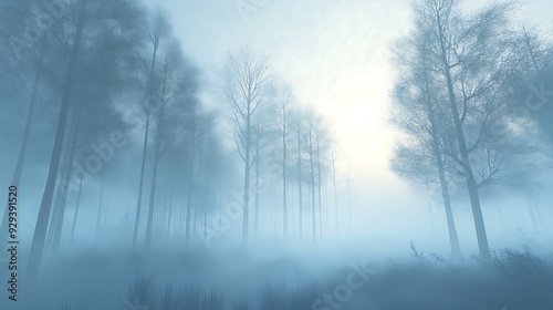 Misty forest with tall trees and sunlight.