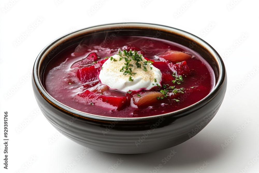 Borscht, A beet soup that can be served hot or cold, typically made with beets, cabbage, potatoes, carrots, and often garnished with sour cream. Isolated on White Background Borscht, A beet soup that can be served hot or cold, typically made with beets, cabbage, potatoes, carrots, and often garnished with sour cream. Isolated on White Background