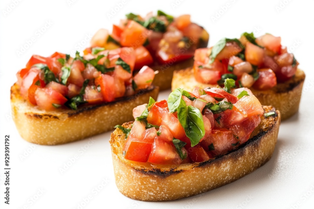 Bruschetta , Grilled bread rubbed with garlic and topped with olive oil, tomatoes, basil, and sometimes mozzarella cheese. Isolated on White Background Bruschetta , Grilled bread rubbed with garlic and topped with olive oil, tomatoes, basil, and sometimes mozzarella cheese. Isolated on White Background