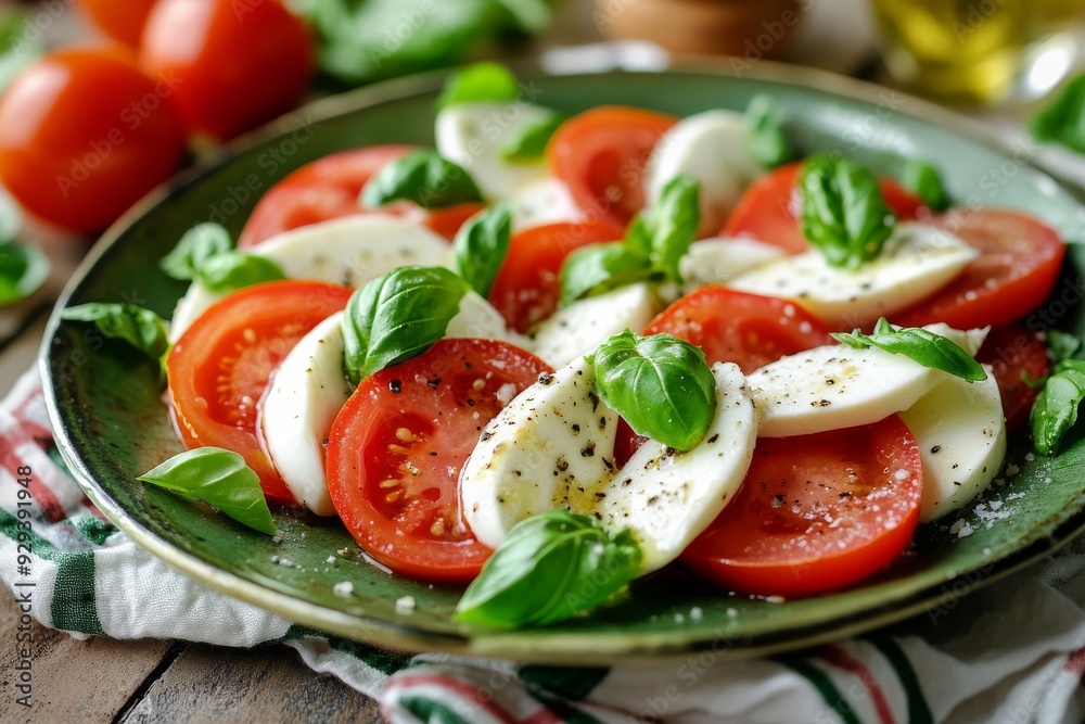 Caprese Salad, A simple salad made with sliced fresh mozzarella, tomatoes, and basil, seasoned with salt and olive oil. Caprese Salad, A simple salad made with sliced fresh mozzarella, tomatoes, and basil, seasoned with salt and olive oil.